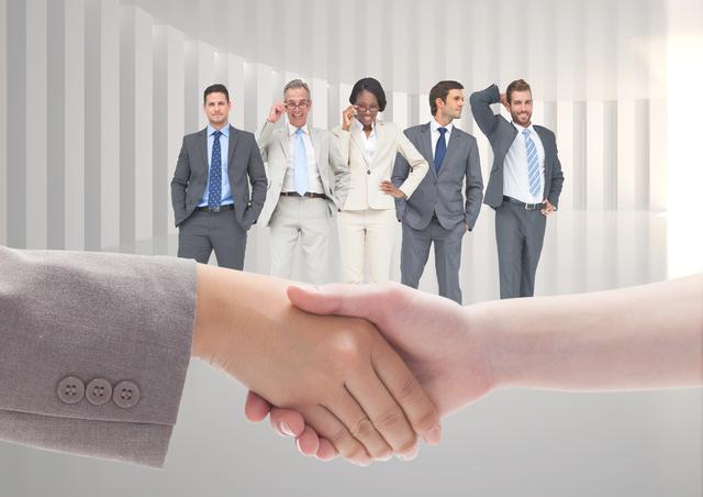 Businesspeople are shaking hands in foreground with group of diverse businesspeople smiling confidently in background. Image can be used to represent team cooperation, successful business agreement, partnership, and professional collaboration in corporate settings.