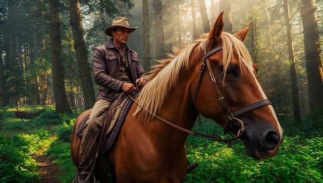 Cowboy riding horse through forested wilderness