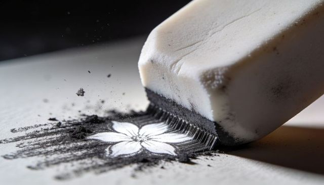 Eraser revealing hidden floral sketch in charcoal dust macro closeup, white petal detail