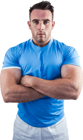 Rugby Player in Blue Jersey Staring Intently Transparent Background