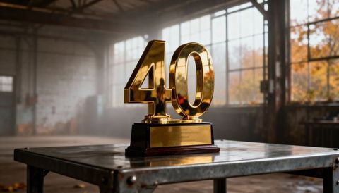 Gold '40' anniversary trophy resting on metal worktable in rustic industrial warehouse