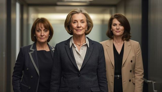 Senior female executives leading corporate team in office corridor conveying confidence