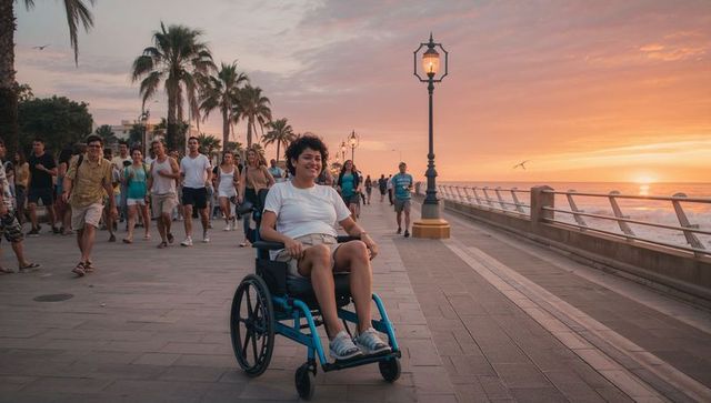 Smiling woman rolling wheelchair along seaside promenade during golden sunset
