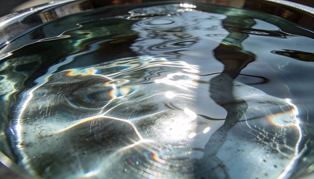 Rippling sunlit water in metal basin with reflective caustics and abstract light patterns