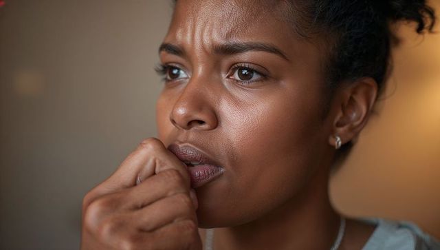 Contemplative black woman pressing knuckle to lips intimate closeup portrait soft light