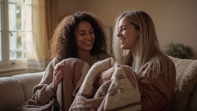 Two women cuddling on sofa wrapped in knitted throws sharing warm laughter