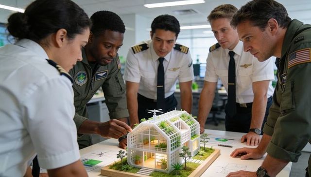 Aviation crew collaborating on sustainable greenhouse model and architectural blueprints