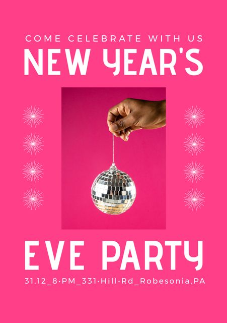 Composition of new year's eve invitation over hand with disco ball. New year's eve invitations and celebration concept digitally generated image.