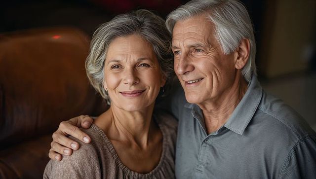 Senior couple sharing tender embrace on leather sofa smiling portrait conveying warmth