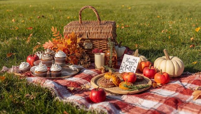 Autumn Picnic Spread with Seasonal Treats and Decorations