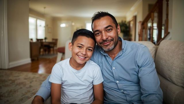 Smiling father and son relaxing on couch at home enjoying cozy family moment in natural light
