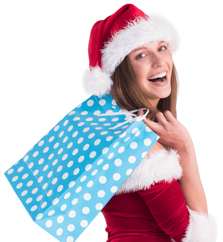 Festive Woman in Santa Hat Holding Gift Bag on Transparent Background