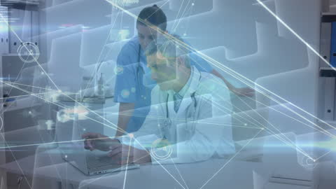 Doctor Analyzing Data with Advanced Digital Interface in Clinic