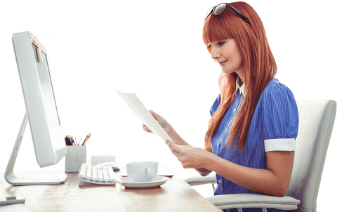 smiling redhead businesswoman reviewing documents in office on transparent background - Download Free Stock Videos Pikwizard.com