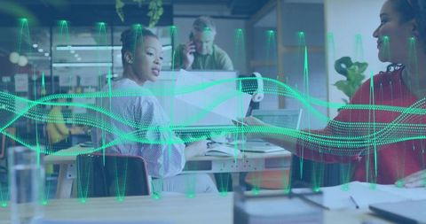 Collaborative team passing documents in open office with digital data waveform overlay