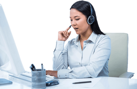 Transparent: Businesswoman Tapping Headset Focused on Computer Tasks - Download Free Stock Videos Pikwizard.com