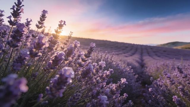 Lavender field at sunrise glowing with dew on rows of purple blooms during golden hour