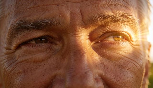 Senior man facing golden sunlight, closeup of eye catching lens flare and textured skin, wrinkles an
