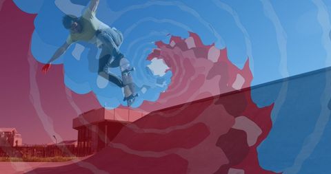 Creative skateboarder performing tricks with digital effects