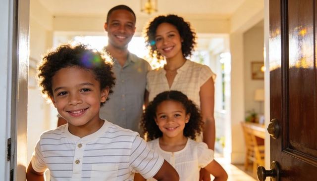 Smiling family of four welcoming home at sunlit entryway with open wooden door
