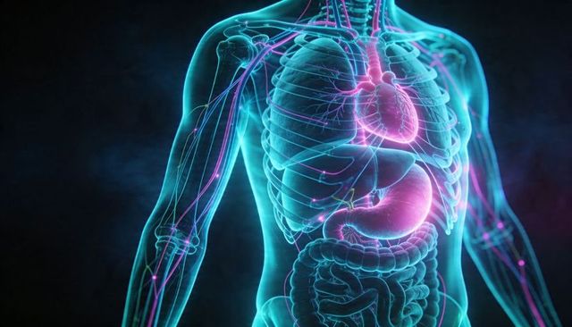 Translucent torso showing heart, lungs and digestive system in neon holographic anatomy