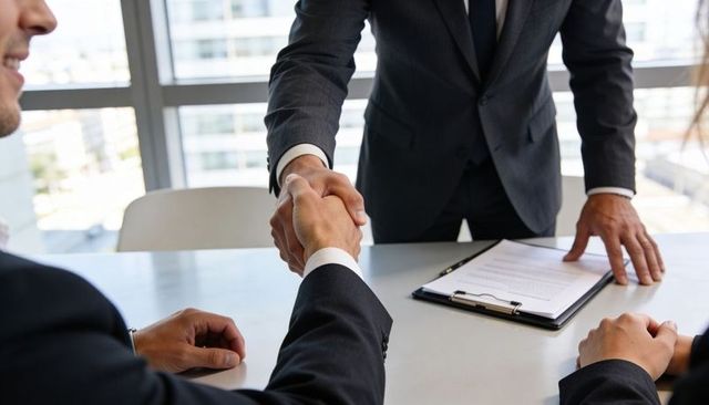 Executive handshake sealing partnership over contract on conference table in modern office