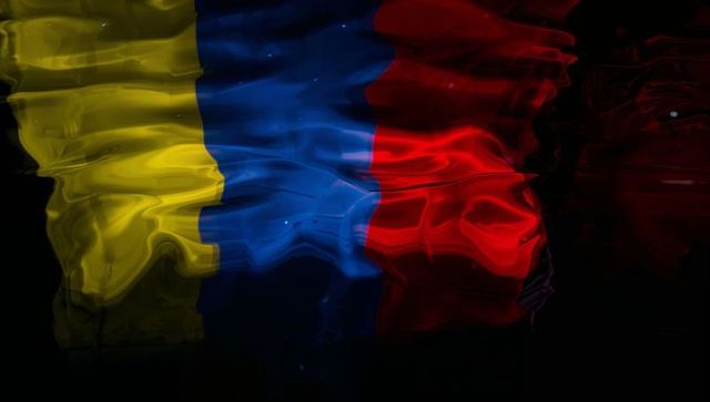 Rippling tricolor flag reflection on dark water, glossy highlights and moody ripples
