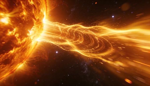 Solar magnetic eruption launching plasma ribbon, sending glowing filaments into deep space