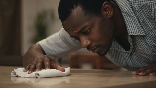 Focused man wiping glossy kitchen tabletop with cloth, meticulous home cleaning routine