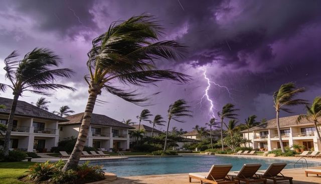 Dramatic lightning bolt striking over windswept palm and resort pool at twilight storm