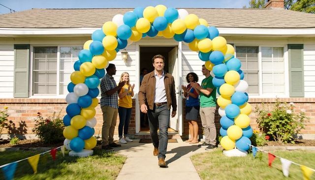 Walking man leaving suburban home through blue yellow balloon arch with neighbors applauding