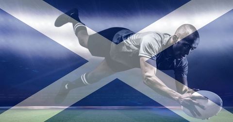 Rugby Player in Action Superimposed with Scotland Flag