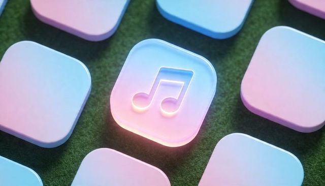 Glowing pastel music icon on green felt, rounded square gradient button ui concept