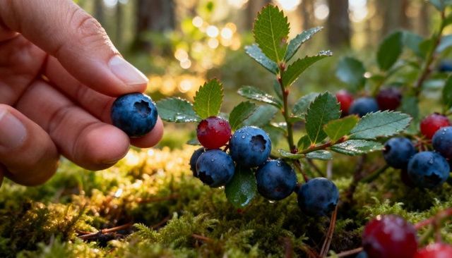 Picking wild blueberries by hand on mossy forest floor with dewy berries and sunlit bokeh