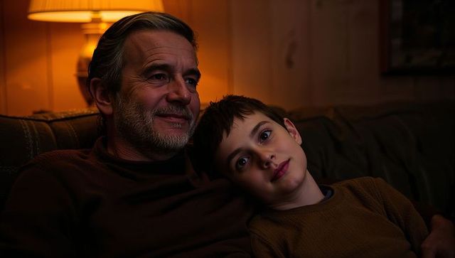 Middle-aged father and young son sharing quiet evening on sofa backlit by warm lamp glow