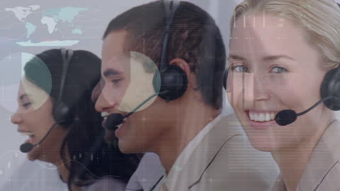 Diverse Call Center Team with Data Processing Graphics