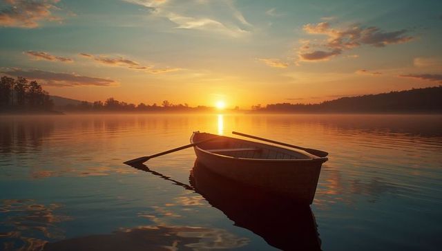 Serene Sunrise Over Lake with Floating Rowboat