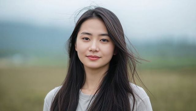 Young woman standing in meadow with calm expression, natural beauty portrait for wellness