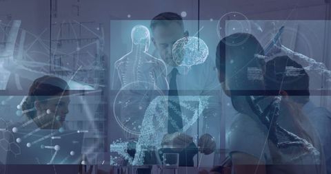 Medical Innovation Meeting with Futuristic Technology Overlay