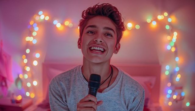 Teen Sing-Along in Cozy Bedroom with Vibrant Lights