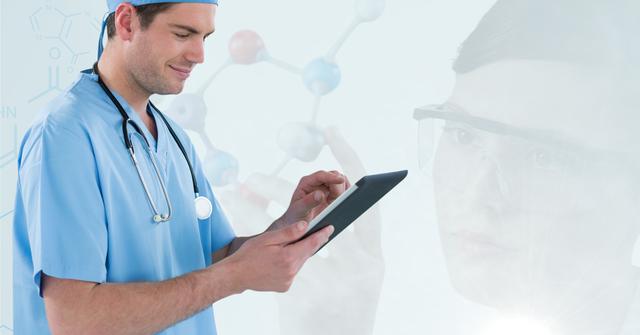 Image depicts a doctor in blue scrubs holding and using a tablet, with a superimposed background of a scientist working with molecular structures. This can be used for medical, technology, or research-related content, showcasing advancement in healthcare and laboratory research.