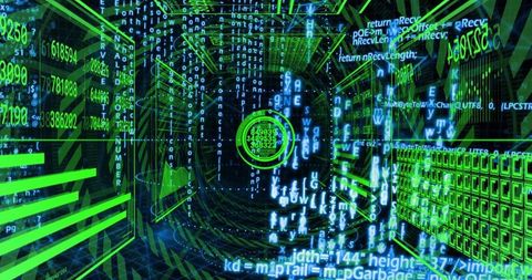Navigating neon data tunnel with HUD reticle, flowing code panels and numeric grids