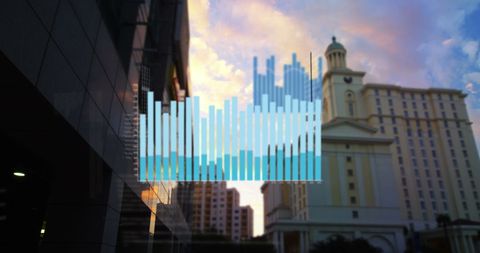 City Skyline with Digital Graph Illustrating Urban Growth and Technology