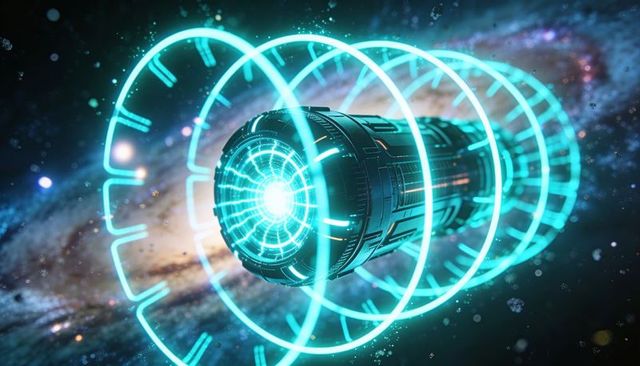 Neon-cyan starship warp engine with glowing energy rings over spiral galaxy 3d render