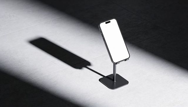 Minimalist smartphone on stand casting dramatic shadow across tiled floor blank screen