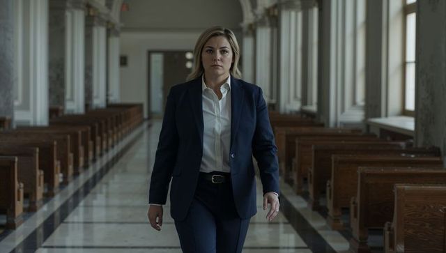 Confident professional woman walking aisle of classical courthouse in navy suit