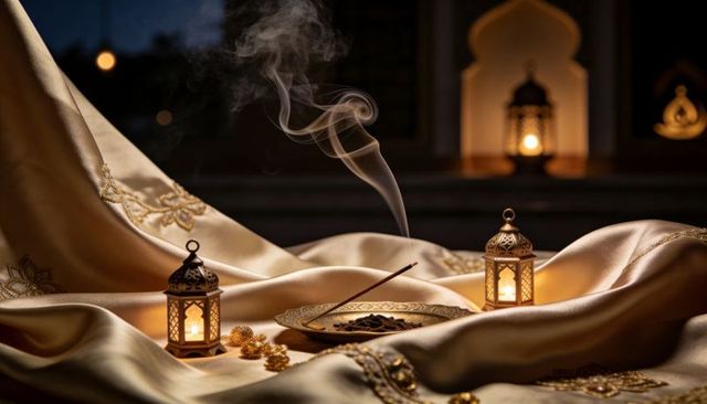 Golden lanterns with smoking incense on embroidered silk, warm candlelight ambience