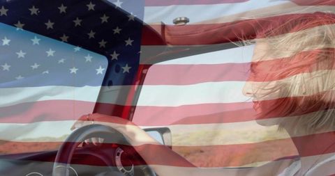 Young woman driving open-top jeep on wide open road with american flag double exposure