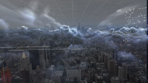 Futuristic Skyline with Digital Network Overlay