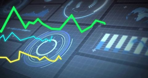 Futuristic Dashboard with Neon Line Graphs and Digital Interface